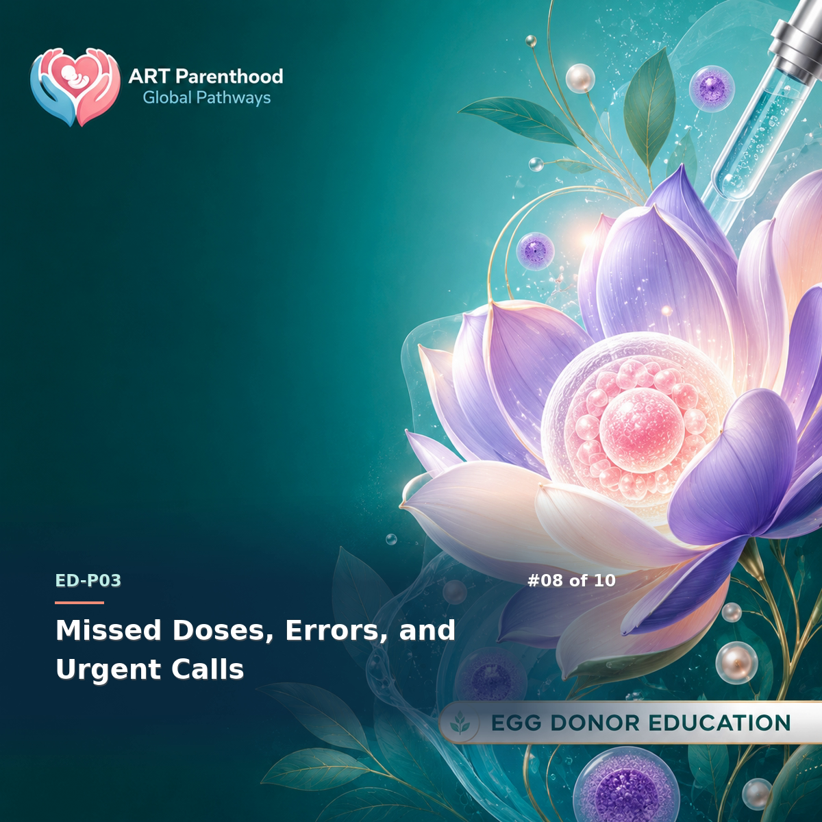 Egg Donors education card for ED-LP03-08: Missed Doses, Errors, and Urgent Calls.