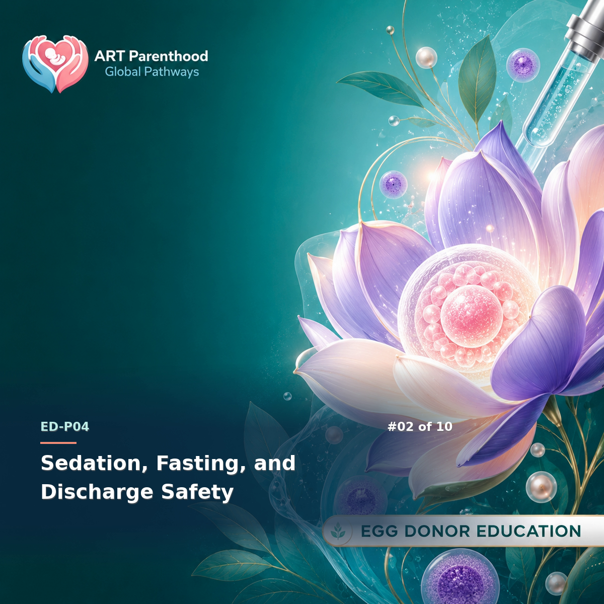 Egg Donors education card for ED-LP04-02: Sedation, Fasting, and Discharge Safety.