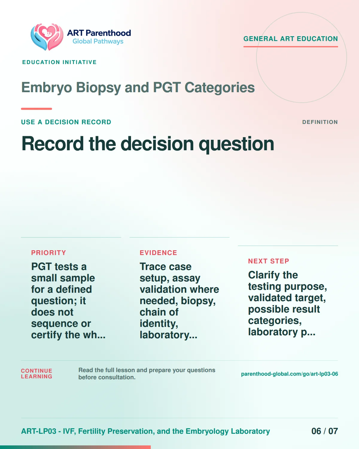 Slide 6 of ART-LP03-06 presents an accessible process map for embryo biopsy and pgt categories and its decision boundaries.