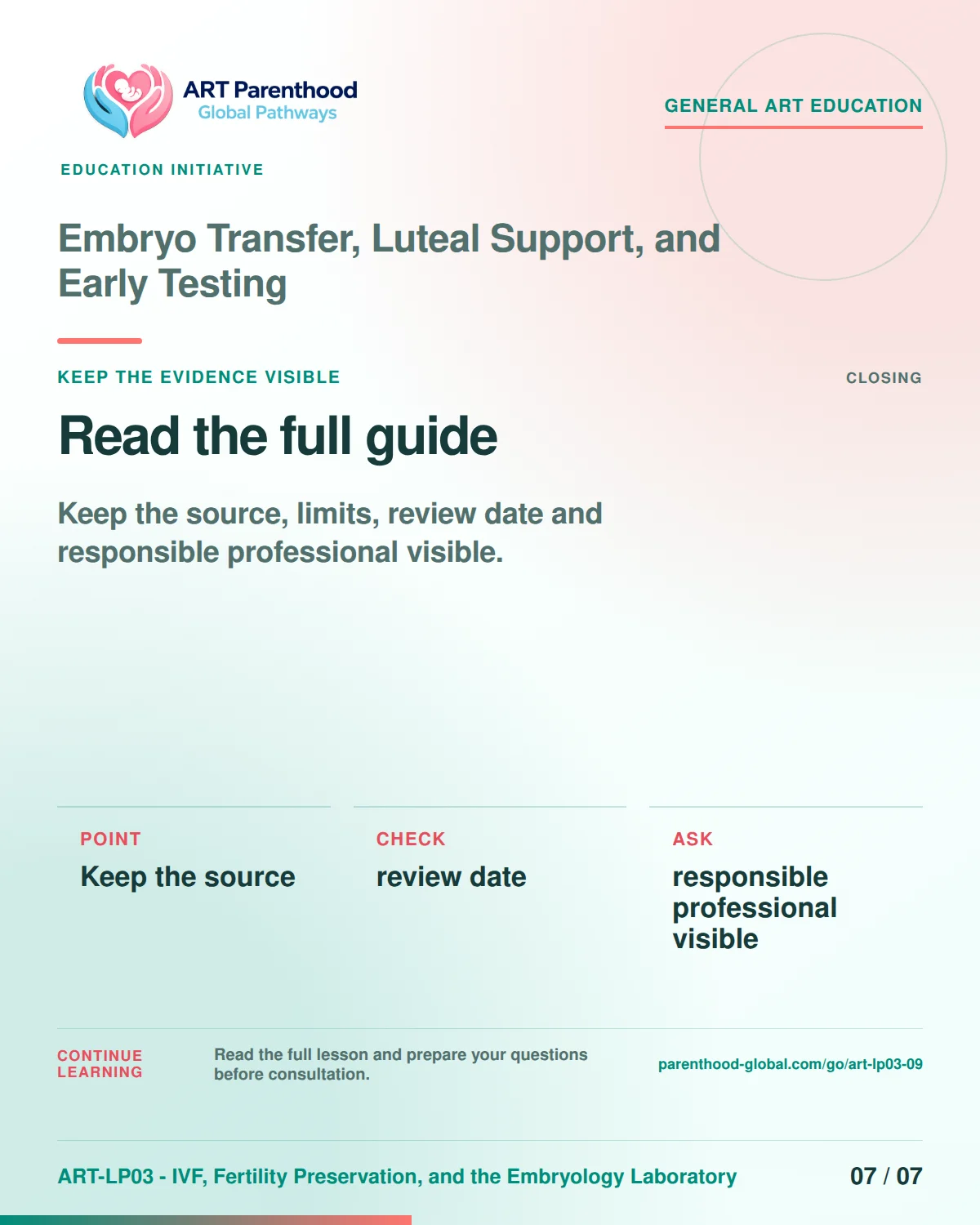 Slide 7 of ART-LP03-09 presents an accessible process map for embryo transfer, luteal support, and early testing and its decision boundaries.