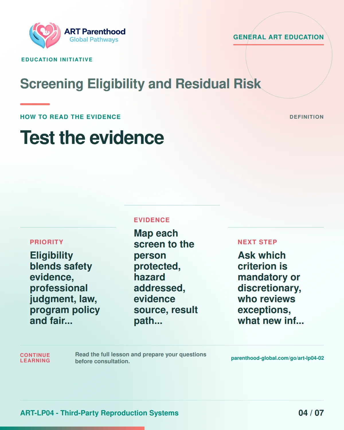 Slide 4 of ART-LP04-02 presents an accessible process map for screening eligibility and residual risk and its decision boundaries.