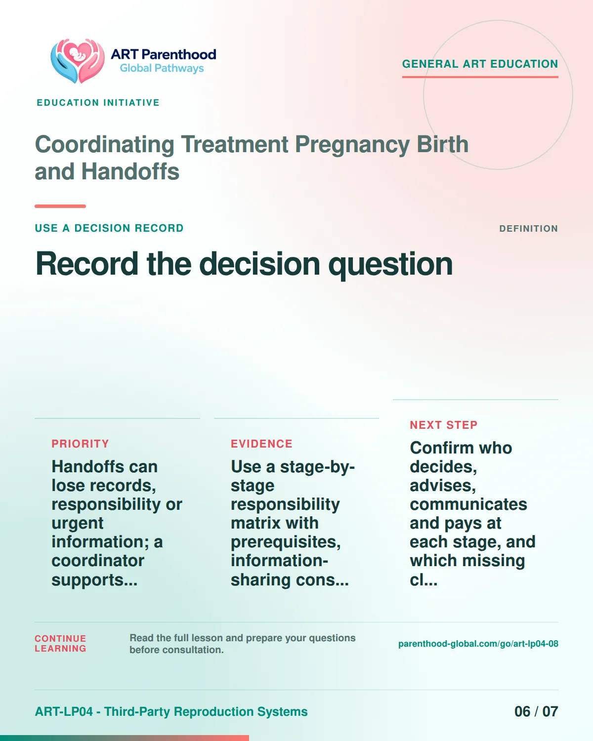 Slide 6 of ART-LP04-08 presents an accessible process map for coordinating treatment pregnancy birth and handoffs and its decision boundaries.