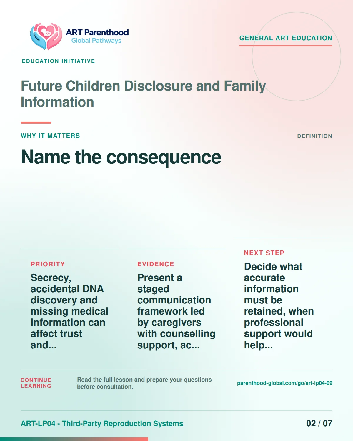 Slide 2 of ART-LP04-09 presents an accessible process map for future children disclosure and family information and its decision boundaries.
