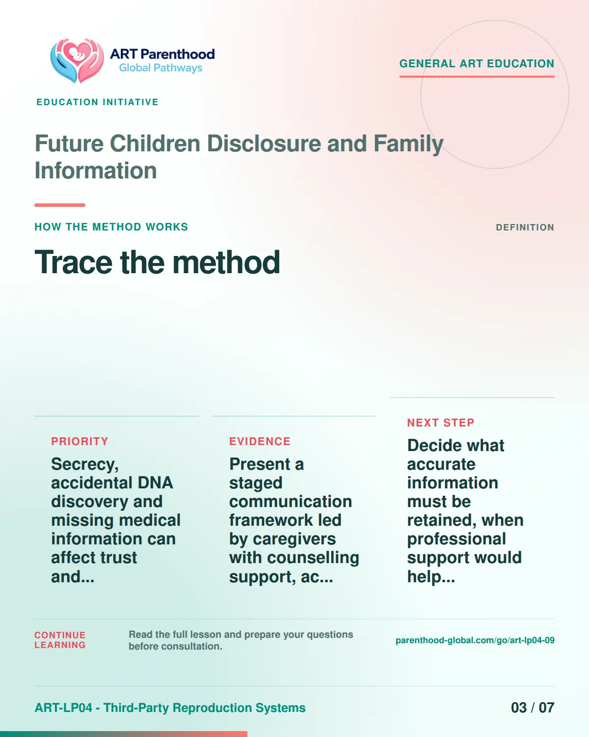 Slide 3 of ART-LP04-09 presents an accessible process map for future children disclosure and family information and its decision boundaries.