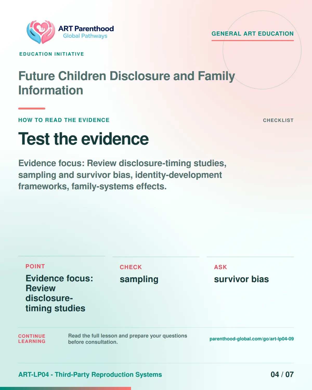 Slide 4 of ART-LP04-09 presents an accessible process map for future children disclosure and family information and its decision boundaries.