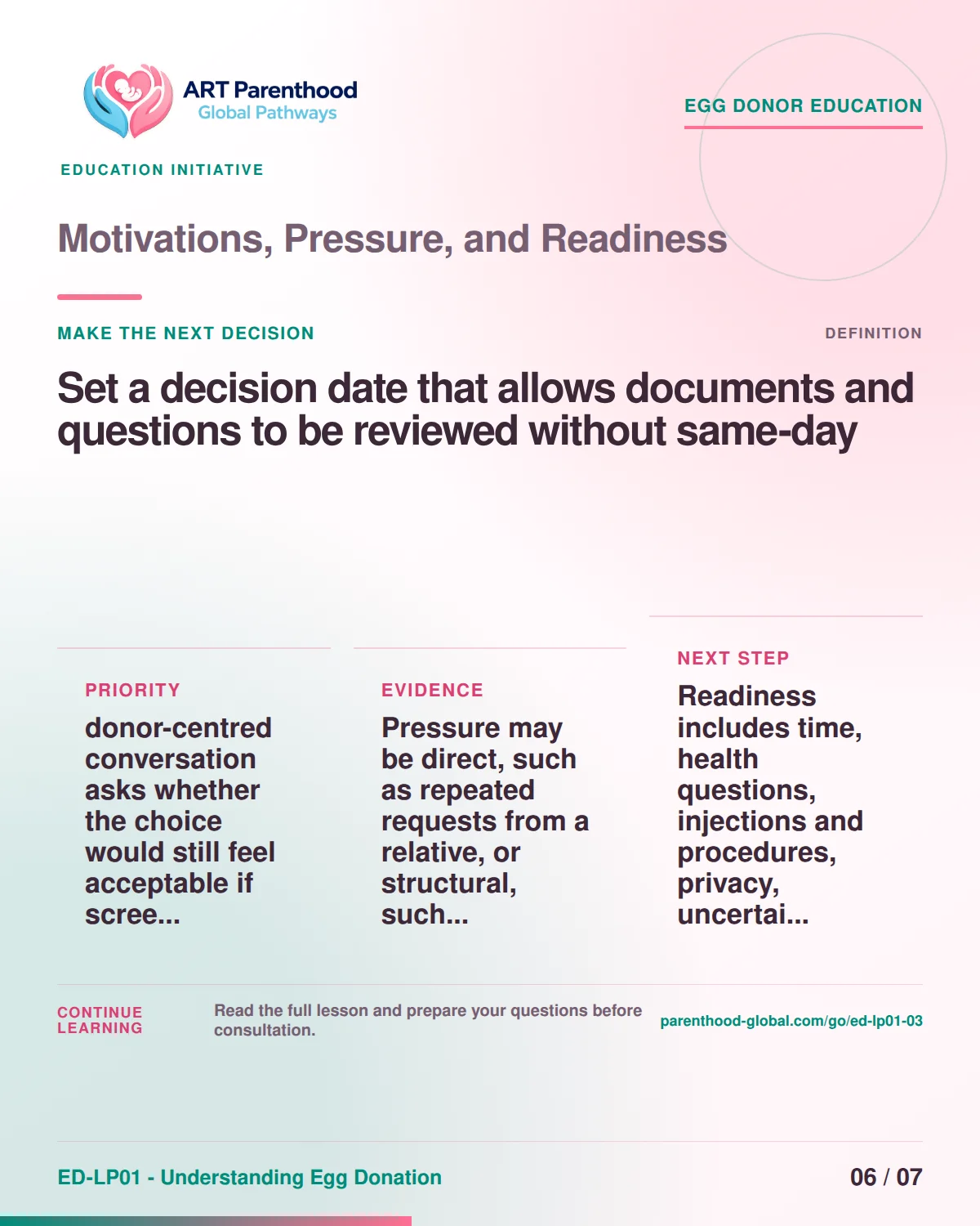 Slide 6 of ED-LP01-03, Make the next decision, showing a prospective egg donor using a calm decision and information process.