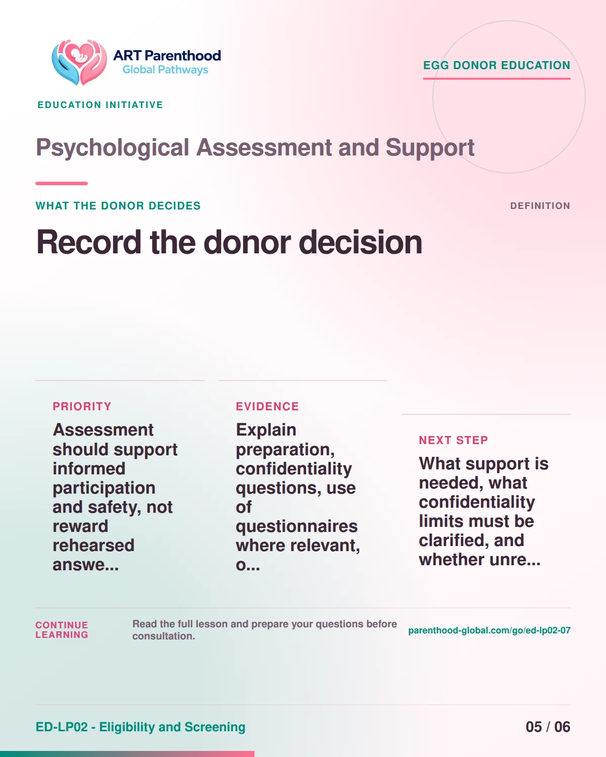 Slide 5 of ED-LP02-07 shows an adult egg donor using a private, informed decision process for psychological assessment and support.
