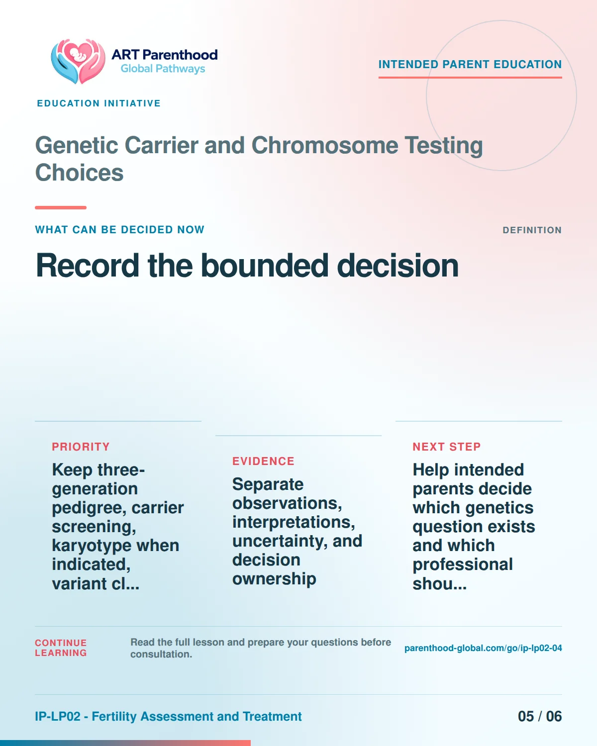 Slide 5 of six for intended parents about Genetic Carrier and Chromosome Testing Choices: Proceed, condition, pause, review, or stop.