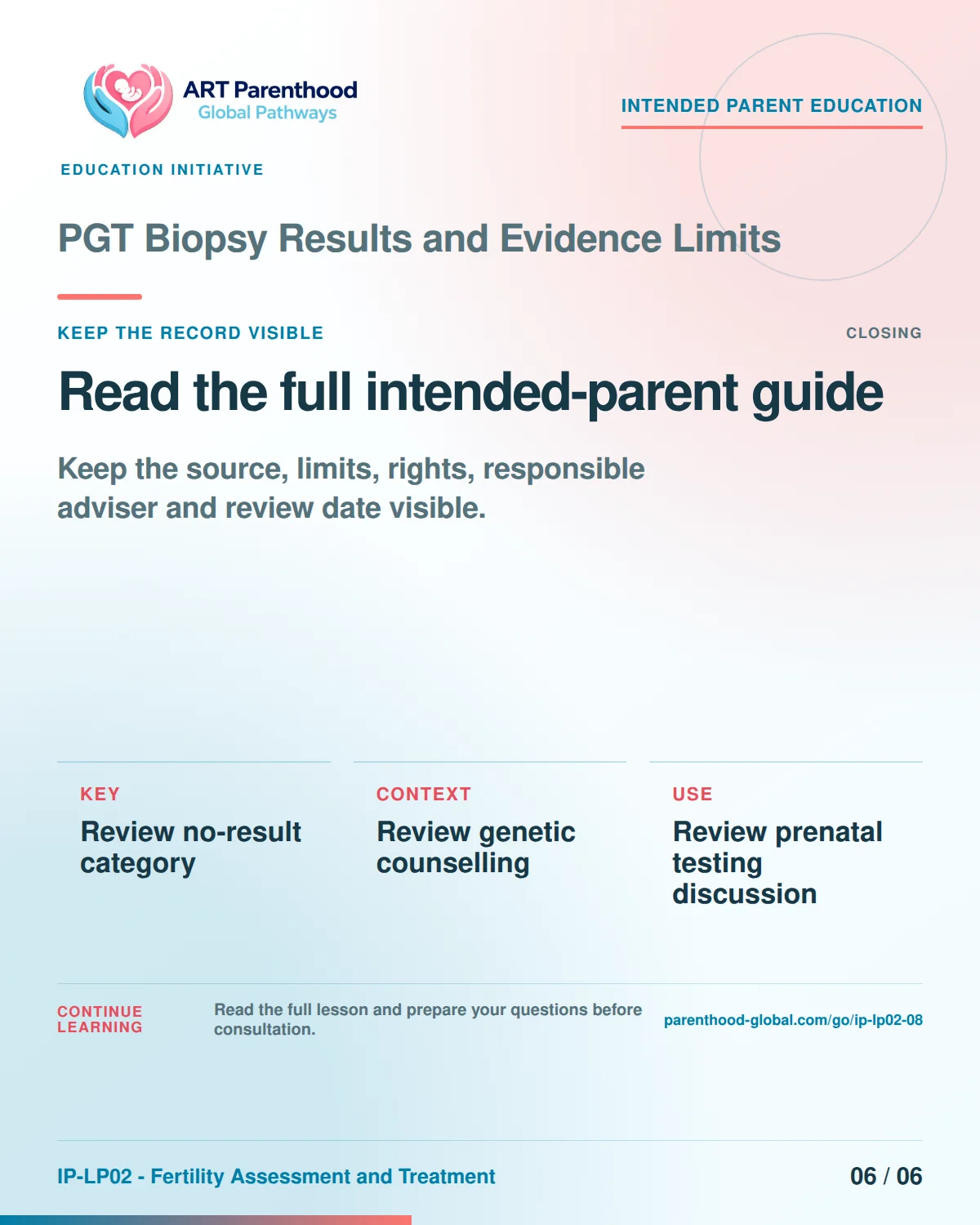 Slide 6 of six for intended parents about PGT Biopsy Results and Evidence Limits: Save the record and unanswered questions.