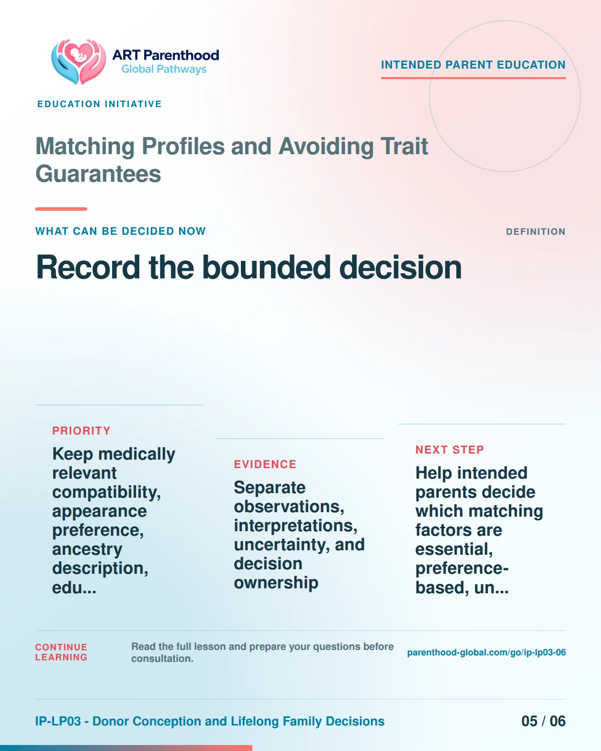Slide 5 of six for intended parents about Matching Profiles and Avoiding Trait Guarantees: Proceed, condition, pause, review, or stop.