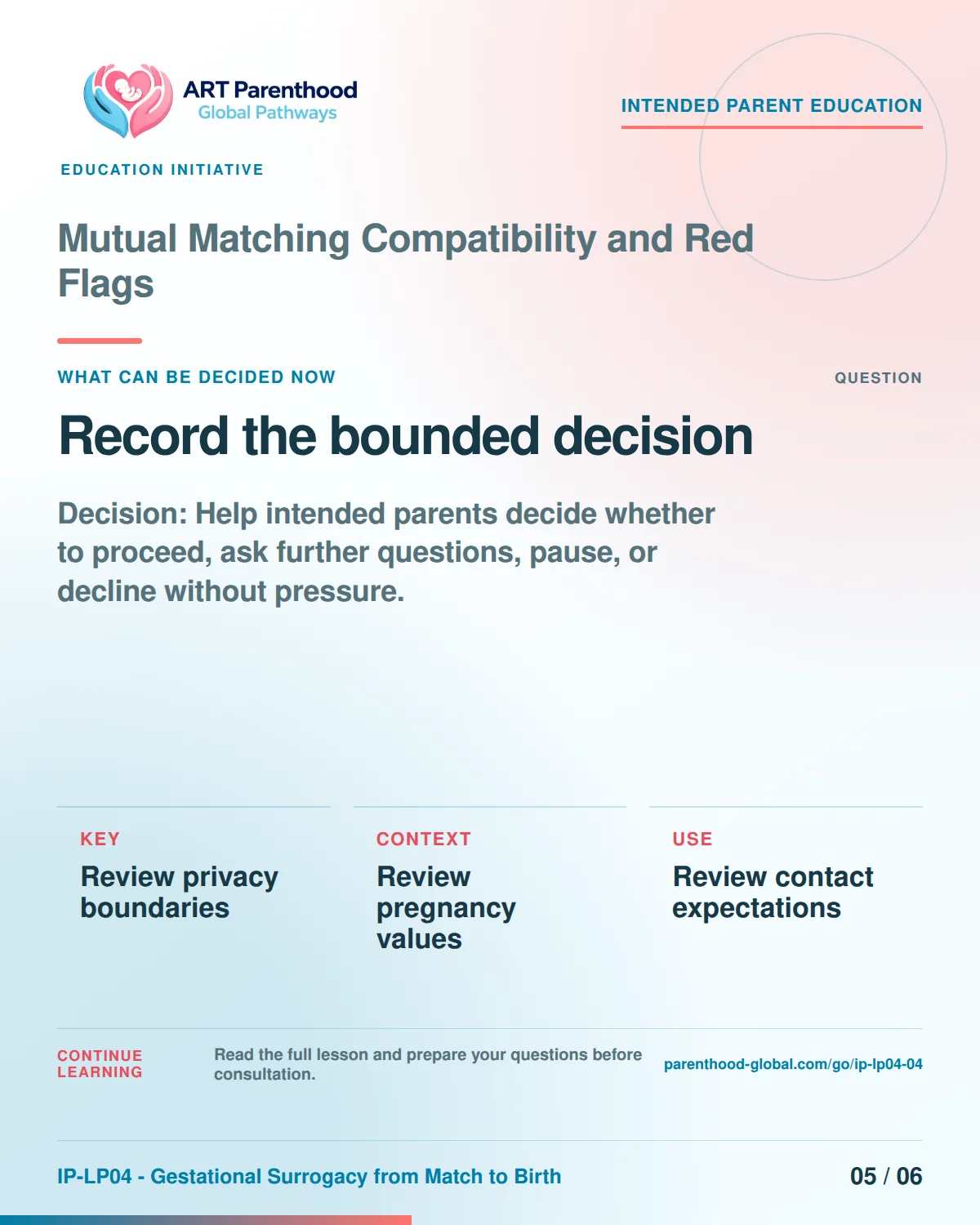 Slide 5 of six for intended parents about Mutual Matching Compatibility and Red Flags: Proceed, condition, pause, review, or stop.