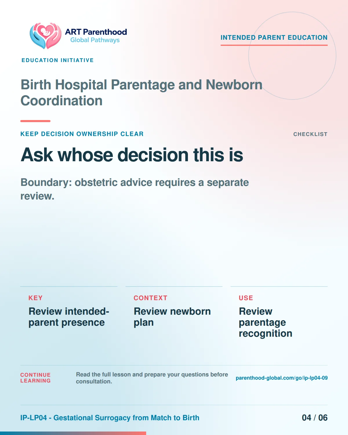 Slide 4 of six for intended parents about Birth Hospital Parentage and Newborn Coordination: Coordination does not transfer authority.