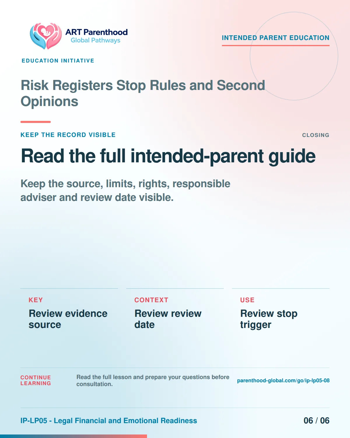 Slide 6 of six for intended parents about Risk Registers Stop Rules and Second Opinions: Save the record and unanswered questions.