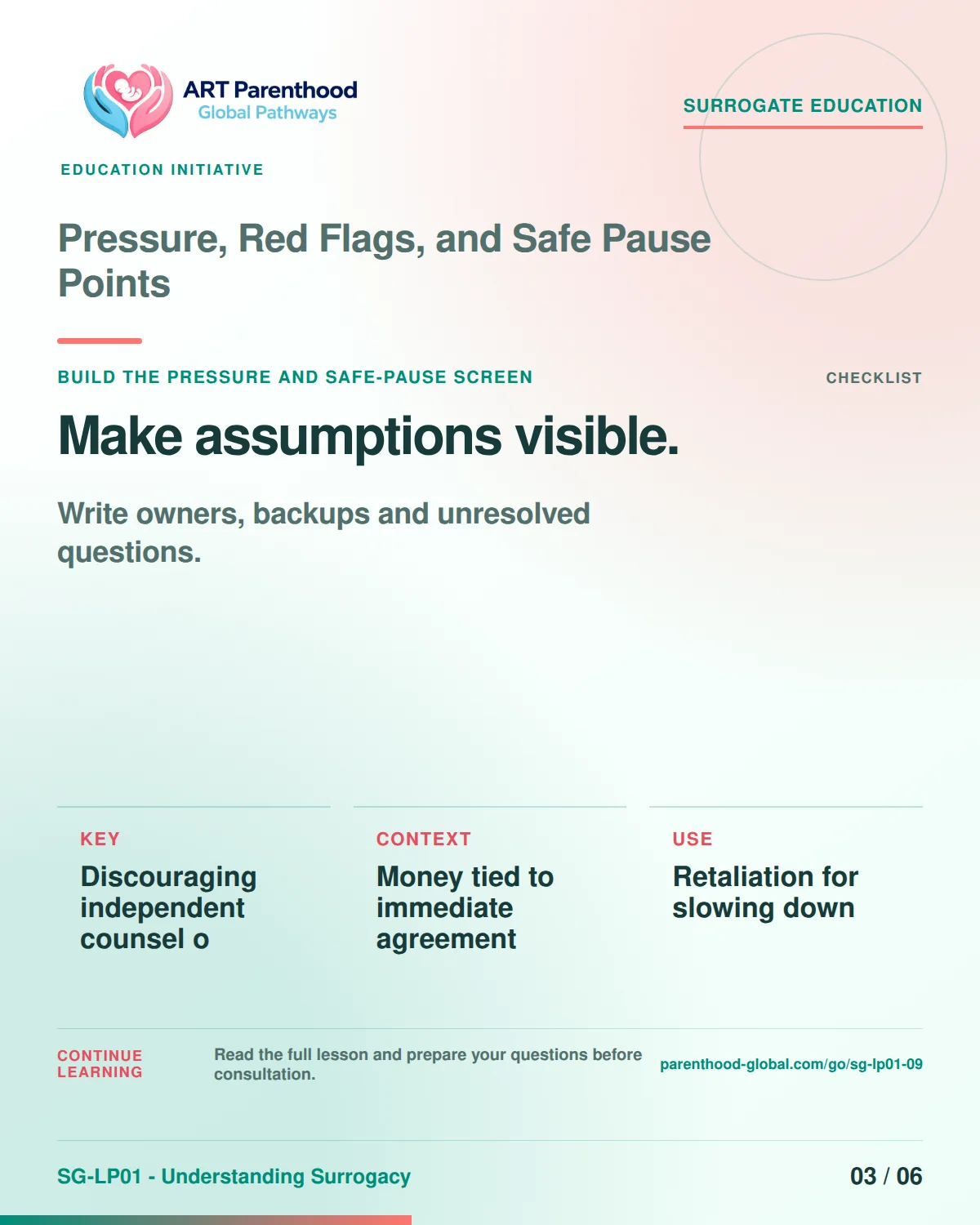 SG-LP01-09 carousel slide 3, Make assumptions visible. The visual uses a calm planning motif and does not imply a guaranteed pregnancy or family outcome.
