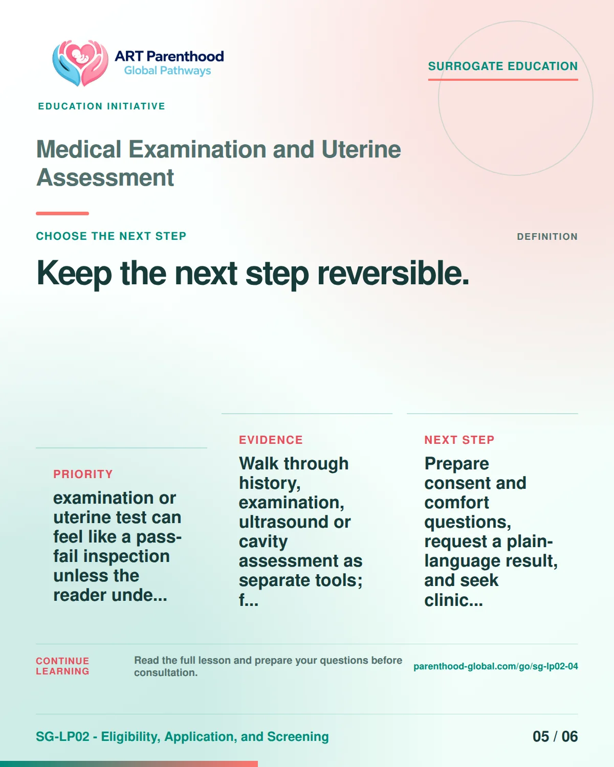 SG-LP02-04 carousel slide 5: Keep the next step reversible. A calm planning visual supports surrogate autonomy without implying eligibility, pregnancy or a guaranteed outcome.