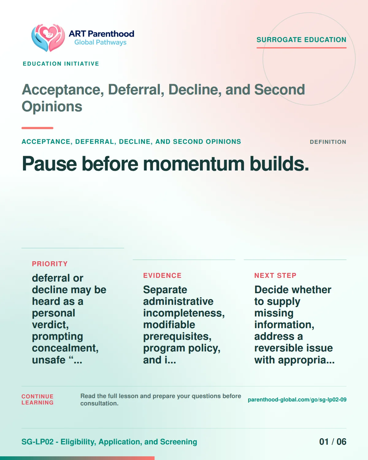 SG-LP02-09 carousel slide 1: Pause before momentum builds. A calm planning visual supports surrogate autonomy without implying eligibility, pregnancy or a guaranteed outcome.