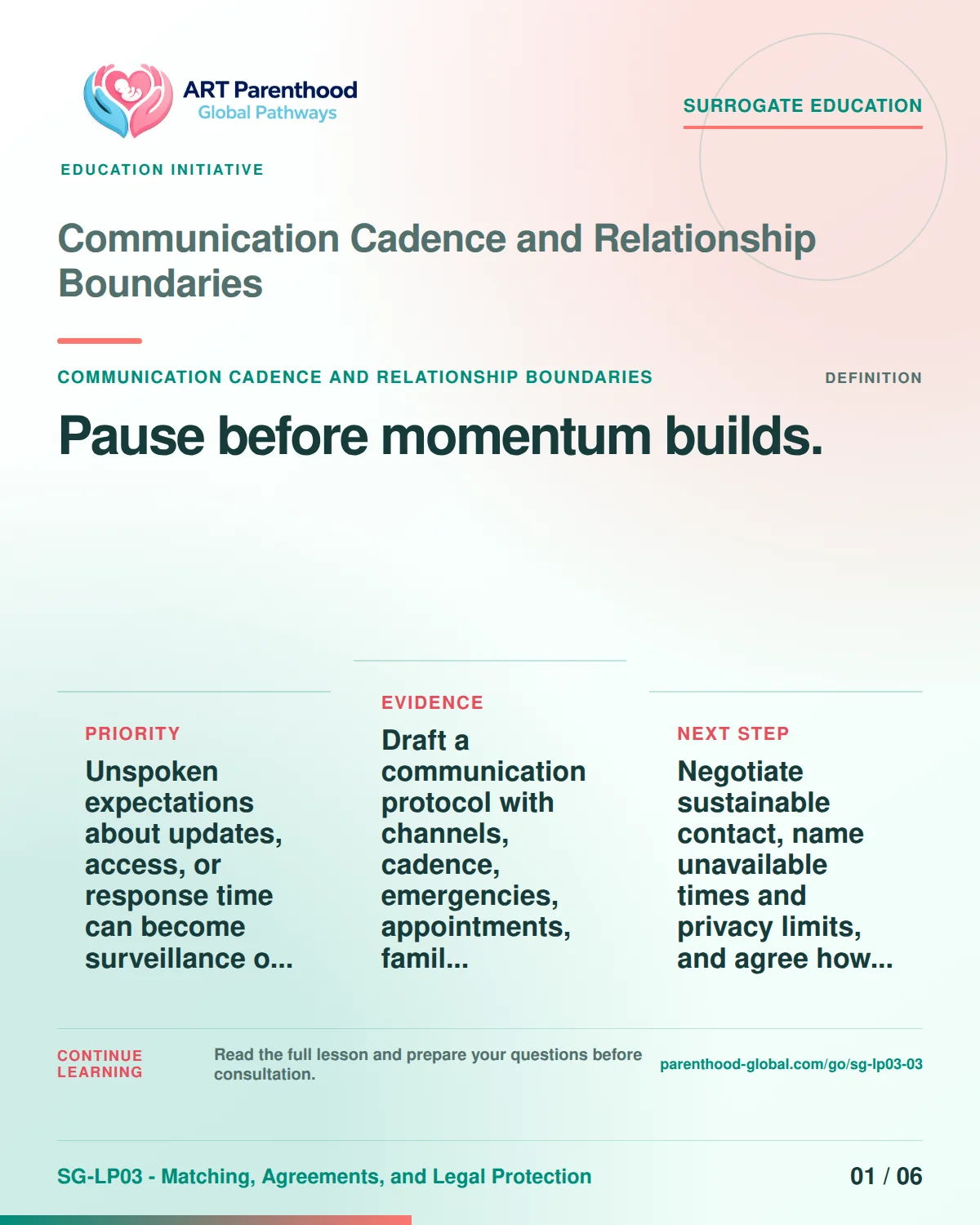 SG-LP03-03 carousel slide 1: Pause before momentum builds. A calm planning visual supports surrogate autonomy without implying eligibility, pregnancy or a guaranteed outcome.
