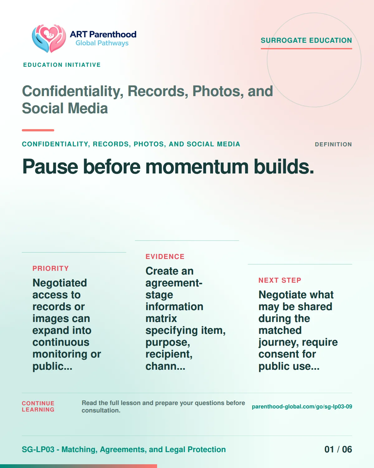 SG-LP03-09 carousel slide 1: Pause before momentum builds. A calm planning visual supports surrogate autonomy without implying eligibility, pregnancy or a guaranteed outcome.