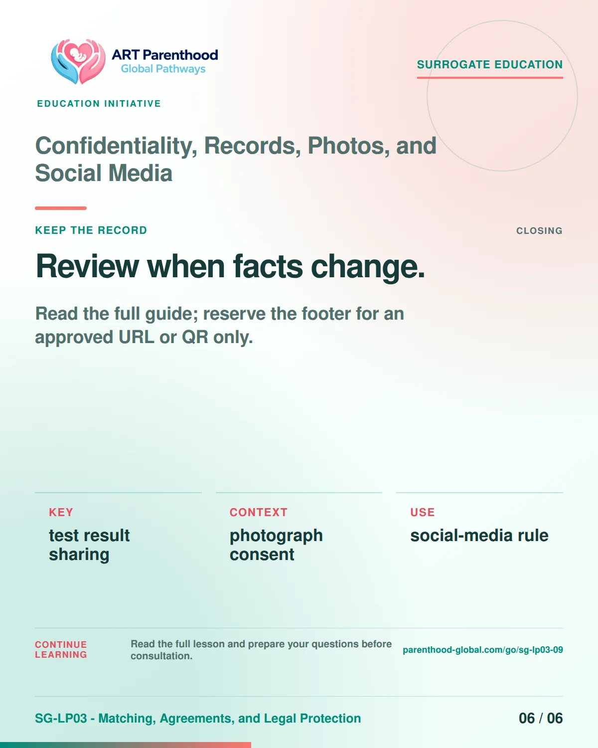 SG-LP03-09 carousel slide 6: Review when facts change. A calm planning visual supports surrogate autonomy without implying eligibility, pregnancy or a guaranteed outcome.