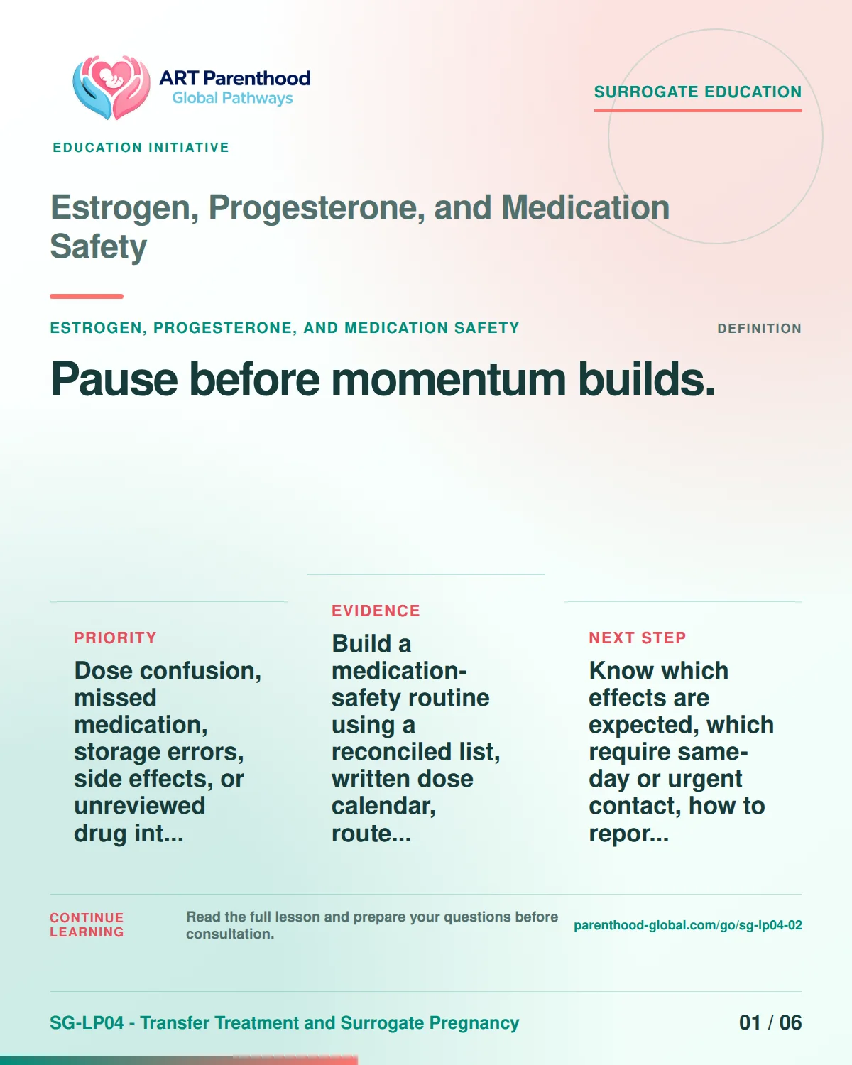 SG-LP04-02 carousel slide 1: Pause before momentum builds. A calm planning visual supports surrogate autonomy without implying eligibility, pregnancy or a guaranteed outcome.