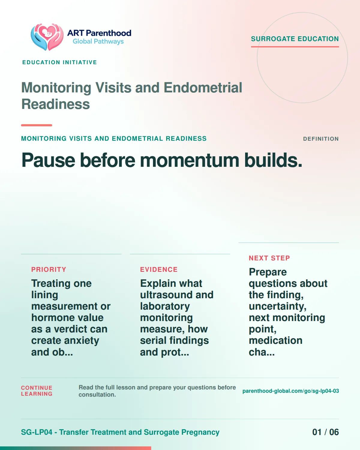 SG-LP04-03 carousel slide 1: Pause before momentum builds. A calm planning visual supports surrogate autonomy without implying eligibility, pregnancy or a guaranteed outcome.