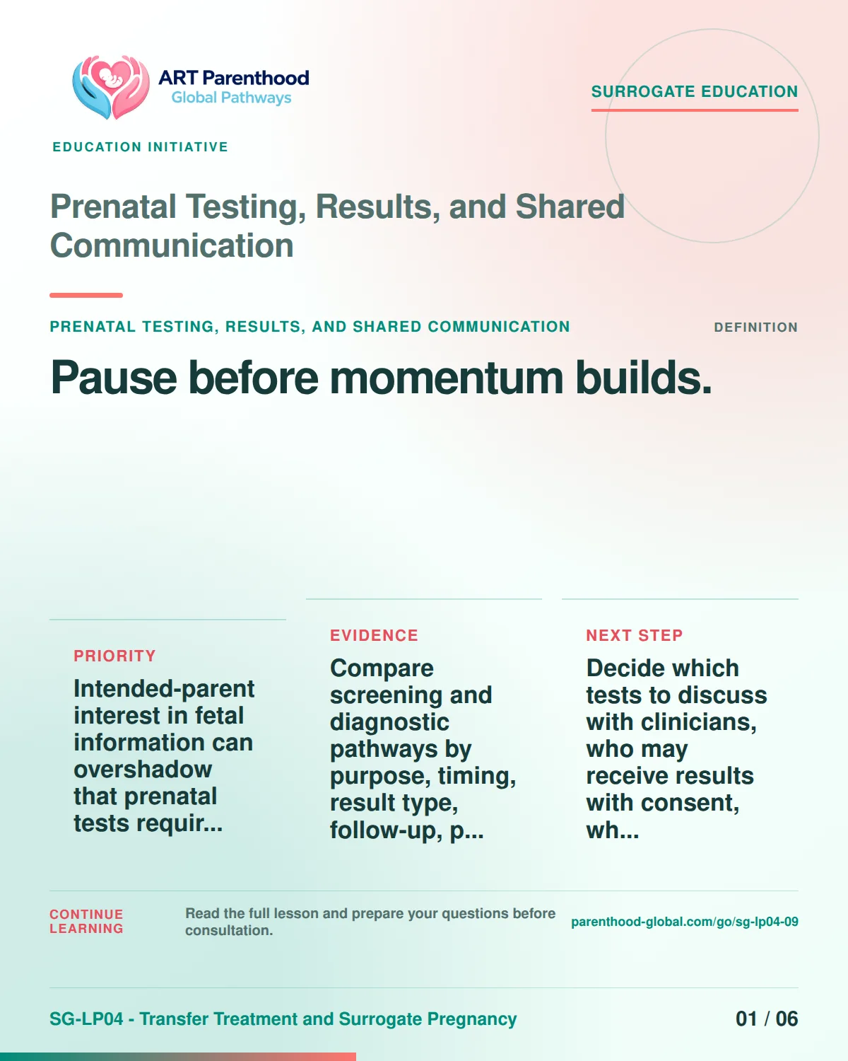 SG-LP04-09 carousel slide 1: Pause before momentum builds. A calm planning visual supports surrogate autonomy without implying eligibility, pregnancy or a guaranteed outcome.