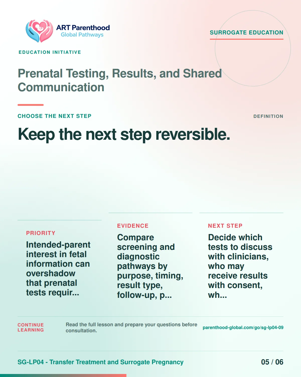 SG-LP04-09 carousel slide 5: Keep the next step reversible. A calm planning visual supports surrogate autonomy without implying eligibility, pregnancy or a guaranteed outcome.
