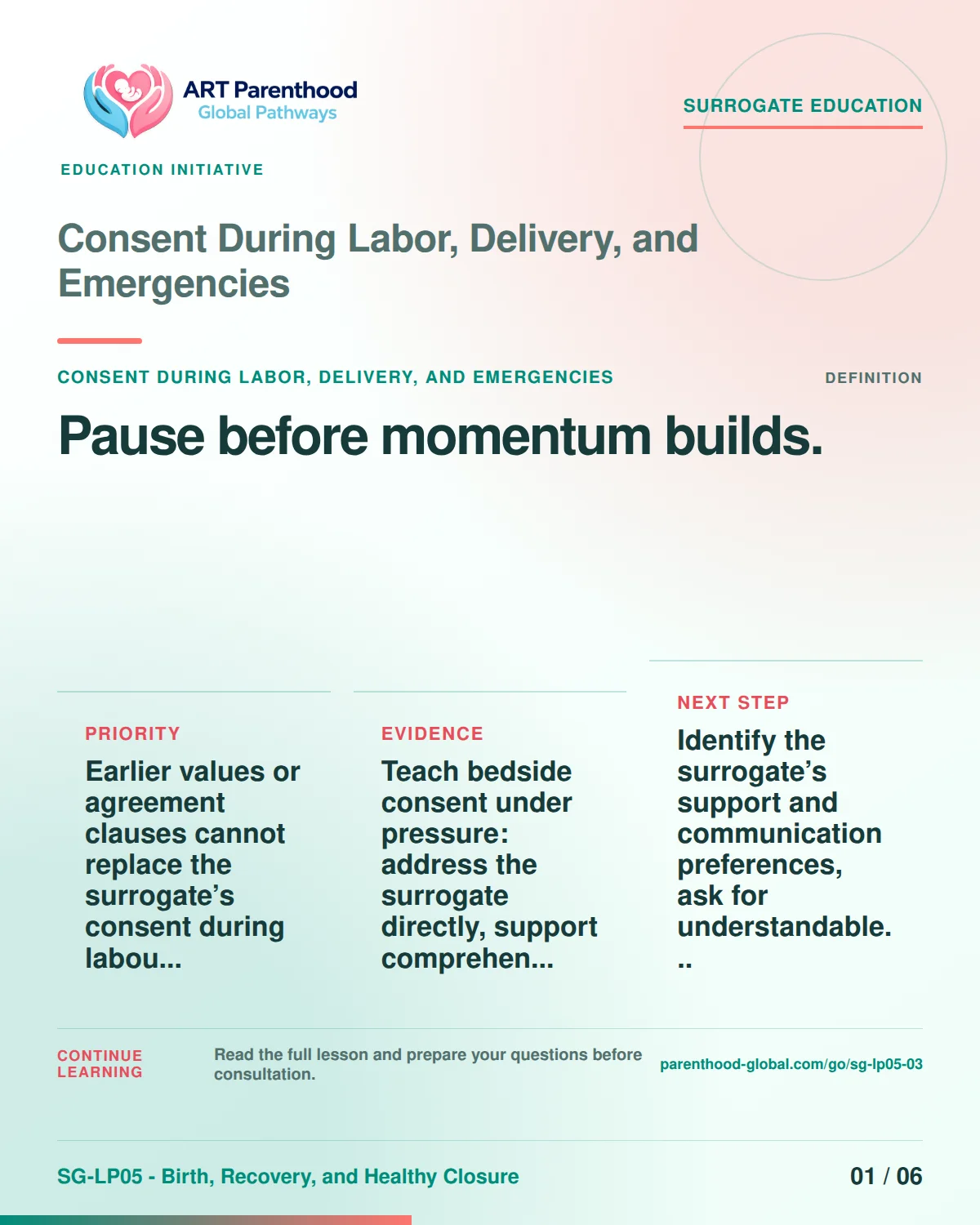 SG-LP05-03 carousel slide 1: Pause before momentum builds. A calm planning visual supports surrogate autonomy without implying eligibility, pregnancy or a guaranteed outcome.