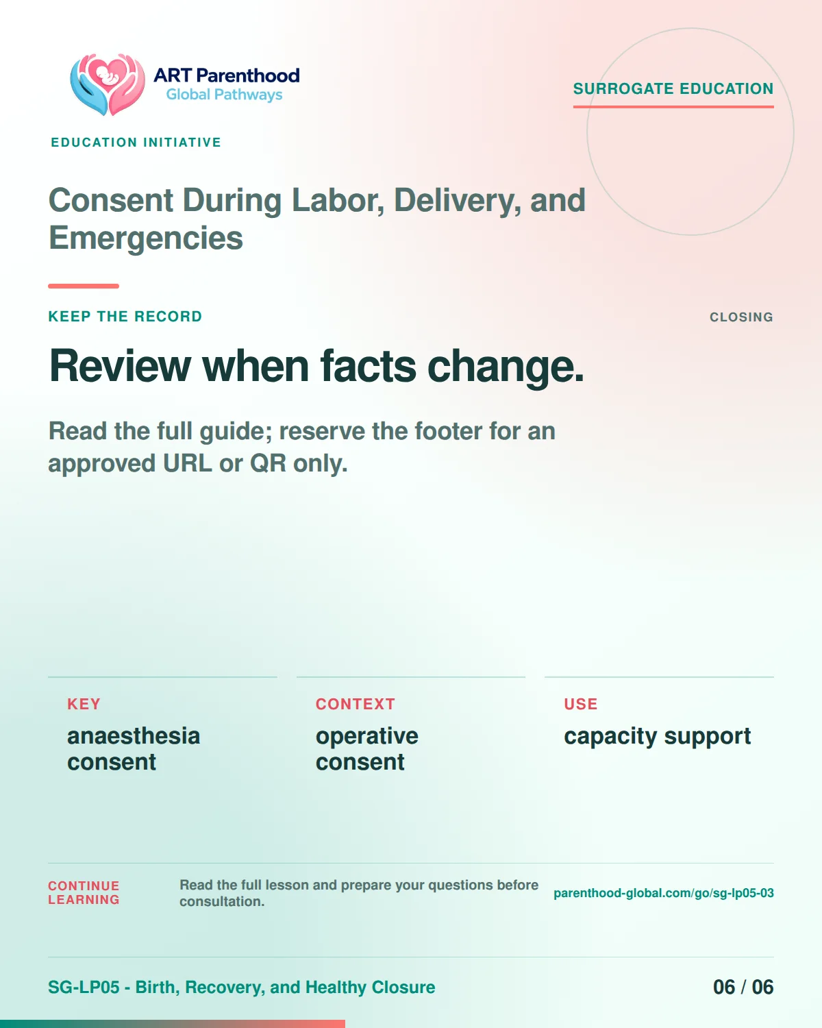 SG-LP05-03 carousel slide 6: Review when facts change. A calm planning visual supports surrogate autonomy without implying eligibility, pregnancy or a guaranteed outcome.