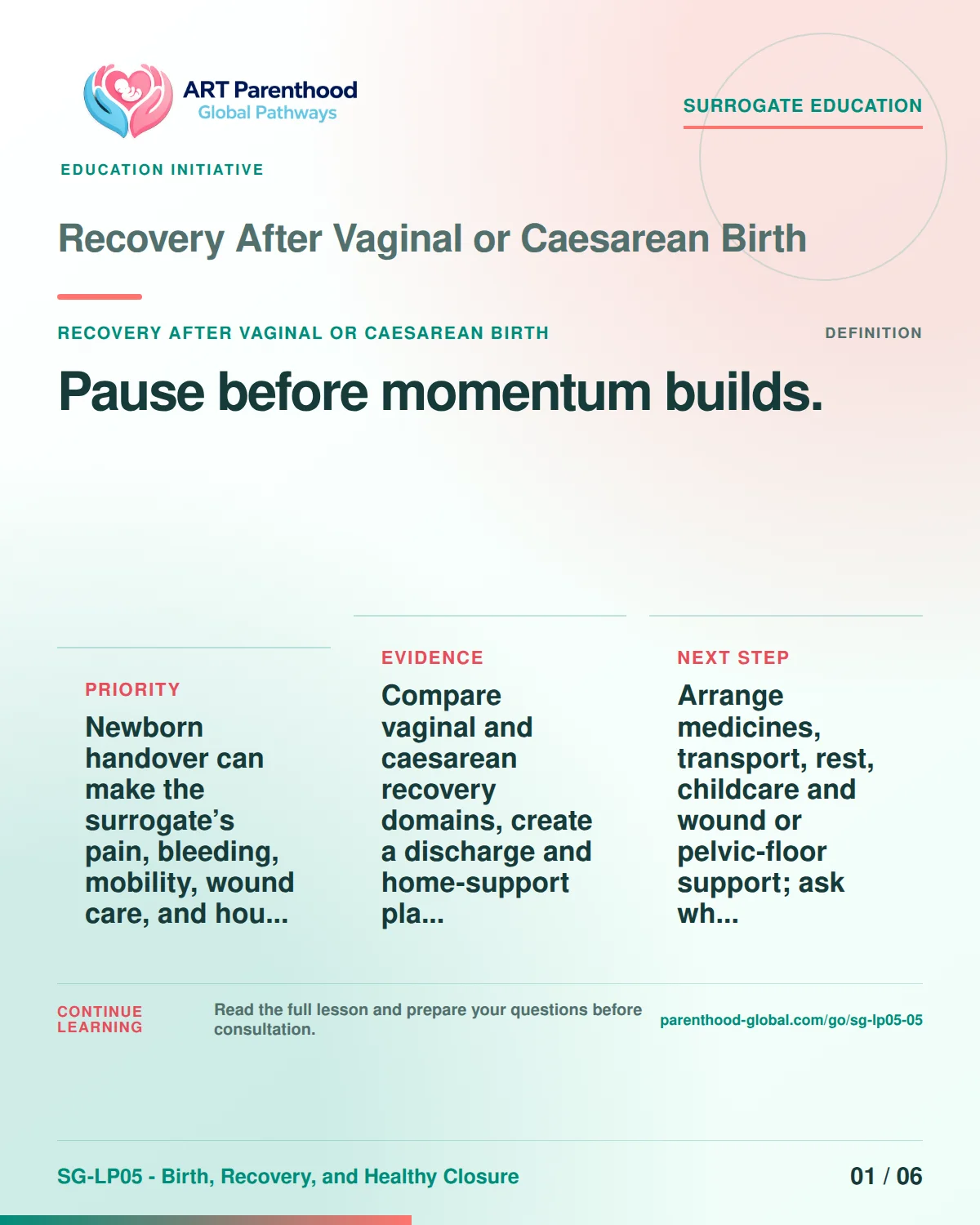 SG-LP05-05 carousel slide 1: Pause before momentum builds. A calm planning visual supports surrogate autonomy without implying eligibility, pregnancy or a guaranteed outcome.