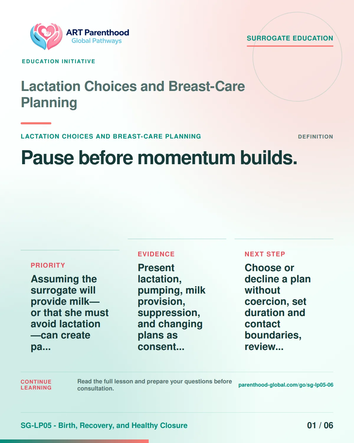 SG-LP05-06 carousel slide 1: Pause before momentum builds. A calm planning visual supports surrogate autonomy without implying eligibility, pregnancy or a guaranteed outcome.