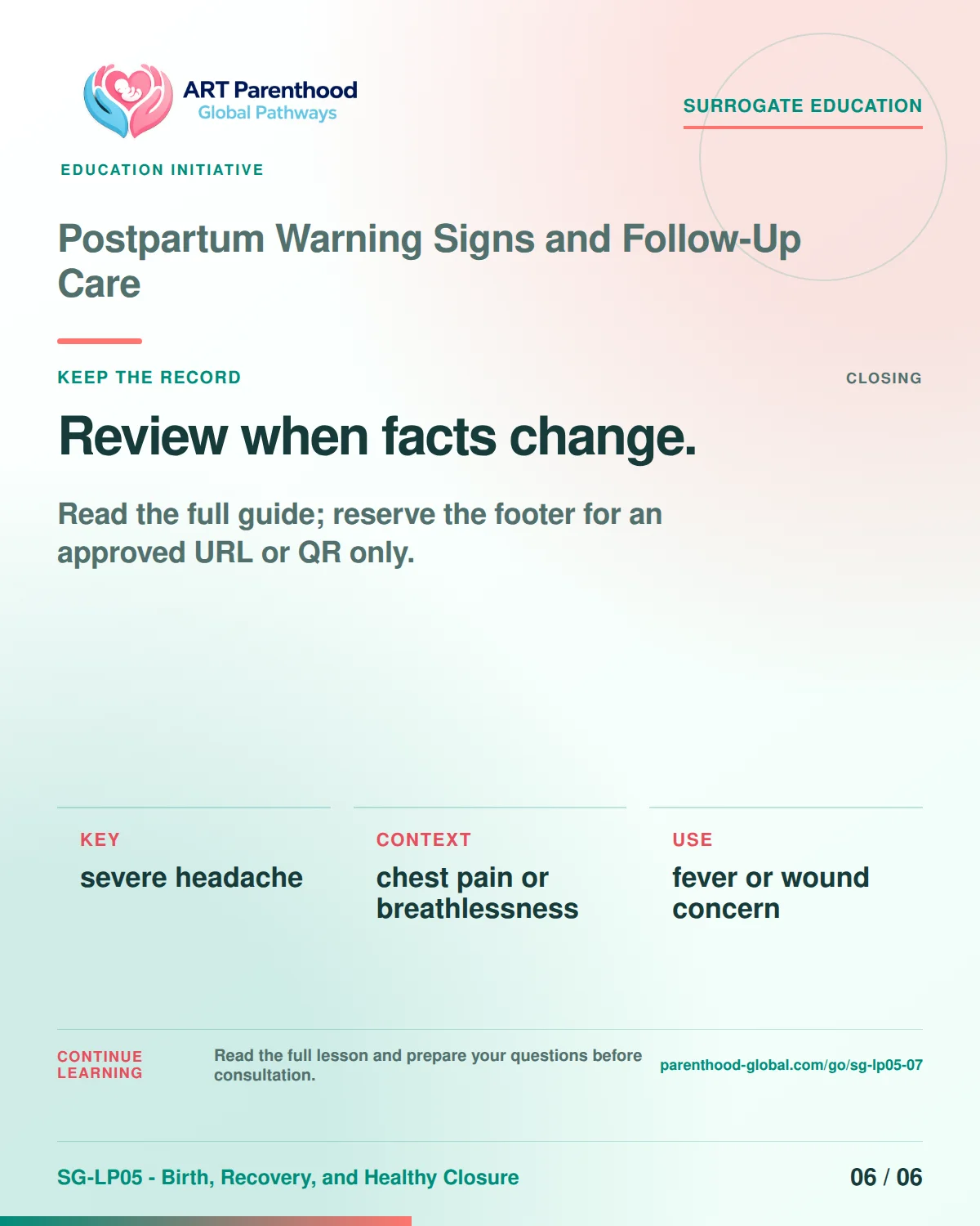 SG-LP05-07 carousel slide 6: Review when facts change. A calm planning visual supports surrogate autonomy without implying eligibility, pregnancy or a guaranteed outcome.