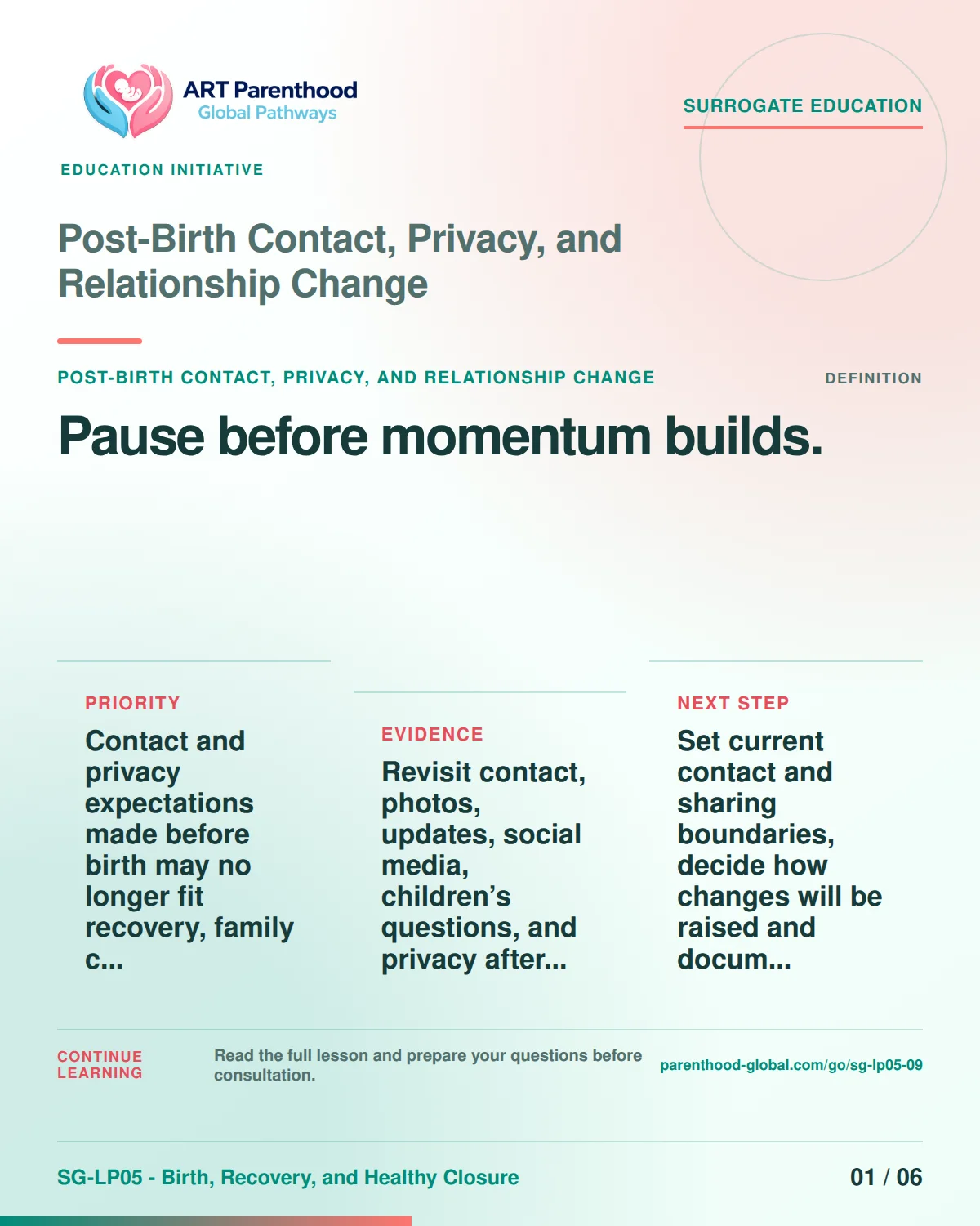 SG-LP05-09 carousel slide 1: Pause before momentum builds. A calm planning visual supports surrogate autonomy without implying eligibility, pregnancy or a guaranteed outcome.