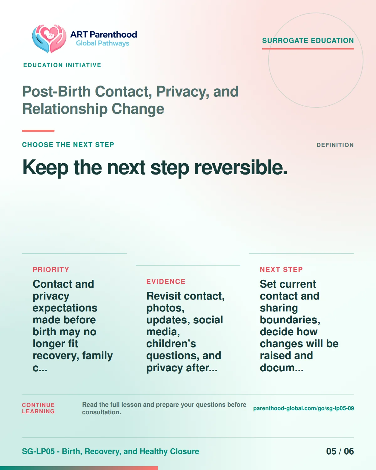 SG-LP05-09 carousel slide 5: Keep the next step reversible. A calm planning visual supports surrogate autonomy without implying eligibility, pregnancy or a guaranteed outcome.