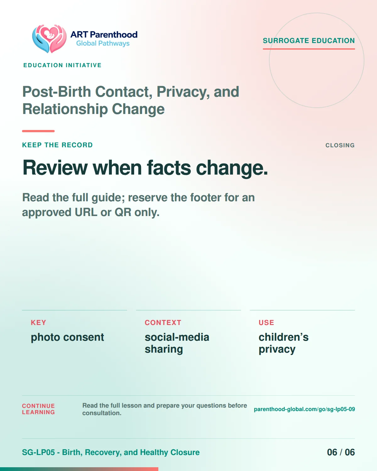 SG-LP05-09 carousel slide 6: Review when facts change. A calm planning visual supports surrogate autonomy without implying eligibility, pregnancy or a guaranteed outcome.